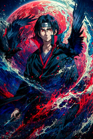 "Craft an intricately detailed image featuring Itachi Uchiha exuding an air of coolness. His Sharingan eyes should radiate a captivating intensity, while he stands adorned in an Aakash Institute uniform. Include a crow in mid-flight beside him, adding an element of symbolism. Itachi's expression should convey a sense of seriousness and wisdom, capturing the essence of his complex character.",akatsuki outfit, night, red_eyes, lite red moon,
