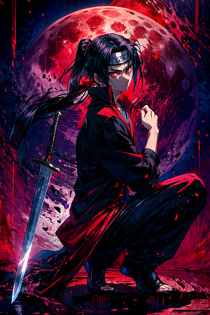 Itachi Uchiha,Sharingan eyes, solo,long hair,looking at viewer,black hair,red eyes,1boy,closed mouth,full body,ponytail,weapon,male focus,sword,artist name,moon,squatting,red background,full moon,ninja,forehead protector,weapon on back,red moon