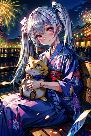 masterpiece,best quality,highres,cinematic lighting,dramatic angle,1girl,, silver hair,twintails, red eyes,looking at viewer,smile,blush,fireworks,crowd,streetscape,depth of field,night,kimono,japanese clothes,holding cat stuffed toy,sitting on bench,fence,head tilt,hand fan,paper fan,doll joints