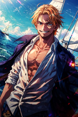 Shnks, 1boy, cowboy shot, white shirt, pectorals, coat on shoulders, scar on face, grin, sailboat, beautiful lighting, dutch angle,, (masterpiece, best quality,absurdres: 1.2), perfect hands,