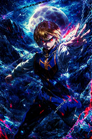 Kurapika , masterpiece,best quality,blue tabard, white shirt, gold trim, chains flying, red eyes, looking at viewer, action scene, dynamic pose, angry, moon, skynight,  rock cliff, tall silhouette in the background