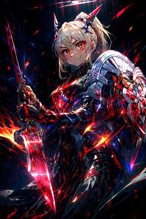 masterpiece,best quality,highres,cinematic lighting,dramatic angle,1girl,,alternative4, hair ornament,ponytail,ribbon,glowing,serious,shaded face,black armor,black and red dress,holding red sword,looking at viewer,dynamic angle,flames,depth of field,red eyes,heterochromia,cowboy shot,holding shield, ,from above,close-up