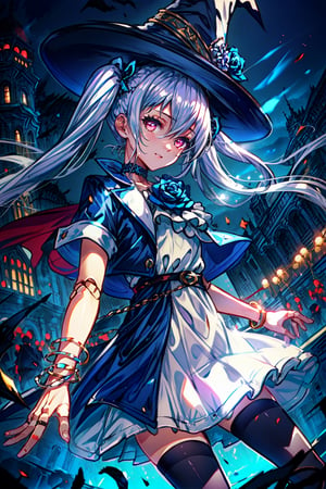 masterpiece,best quality,highres,cinematic lighting,dramatic angle,1girl,, silver hair,twintails, red eyes,looking at viewer,crowd,streetscape,depth of field,happy,doll joints,white dress,blue jacket,witch hat,cape,short sleeves,thighhighs,bowtie,belt,bracelet,blue rose,choker,highlights,on stage,playing guitar,dynamic angle,looking at viewer,,