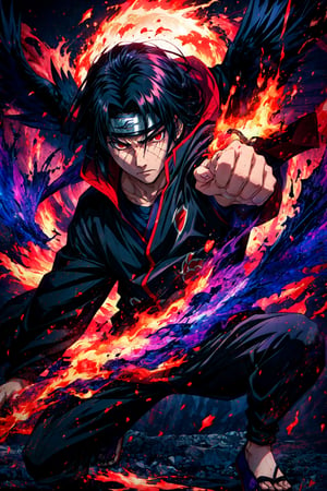 Visualize the legendary Itachi Uchiha, a prominent character from the Naruto anime. full body, muscular physique, reflecting his formidable strength. Itachi Uchiha is clad in his signature ninja attire. His defining ability is his mastery over fire, black flames, showcasing his power to manipulate fire at will. Set to backdrop of black crows flying in distance and sitting on his shoulder Set him against a background of raging fire, with black flames dancing in the backdrop, creating an inferno-like atmosphere. The flames should emphasize his fiery abilities and his unwavering resolve. Capture this image to pay homage to Itachi Uchiha's character, showcasing his powerful presence and his association with the element of blackfire, a central theme in his story arc within the Naruto series." ((Perfect face)), ((perfect hands)), ((perfect body)), [perfect image of Itachi Uchiha (Naruto anime character)]