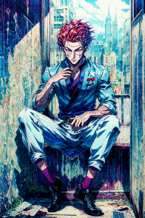 live action handsome hisoka full body picture sitting on a window frame night city on background, masterpiece, best quality, ultra detailed, hyper detailed, intricately detailed, 4k resolution, sharp image,