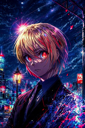 Kurapika , masterpiece,best quality,black suit, formal, necktie, collared shirt,, ,glowing red eyes, looking at viewer, close up, moon, skynight, in the city, lamppost, cars