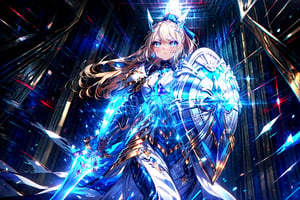 masterpiece,best quality,highres,cinematic lighting,dramatic angle,1girl,,alternative2,symbol-shaped pupils, hair ornament,blue eyes,ponytail,ribbon,glowing eyes,serious,white armor,white and blue dress,holding shield,holding,blue sword,floating object,looking at viewer,walking