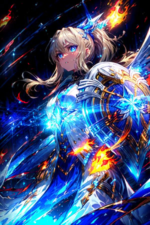 masterpiece,best quality,highres,cinematic lighting,dramatic angle,1girl,,alternative2, hair ornament,ponytail,ribbon,glowing,serious,shaded face,black armor,white and blue dress,holding blue sword,looking at viewer,dynamic angle,flames,depth of field,blue eyes,cowboy shot,holding shield, ,from below,close-up,floating object