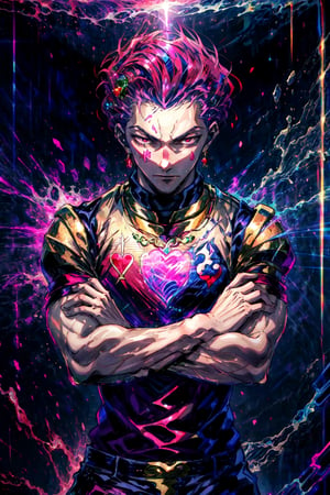 (masterpiece), 
1man, 
Hisoka,
crossed arms pose, 
HDR, highly detailed, 32k, 
black background, 
godly pink light,
