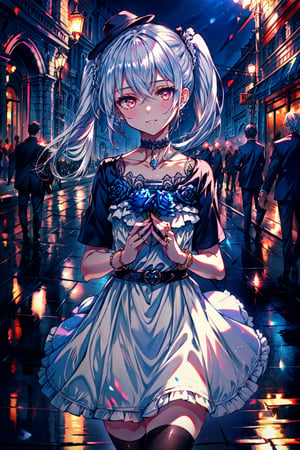 masterpiece,best quality,highres,cinematic lighting,dramatic angle,1girl,, silver hair,twintails, red eyes,looking at viewer,crowd,streetscape,depth of field,smile,white dress,jacket,short sleeves,mini hat,thighhighs,belt,bracelet,blue rose,choker,head tilt,own hands together,fingers together,holding bunch of rose,standing