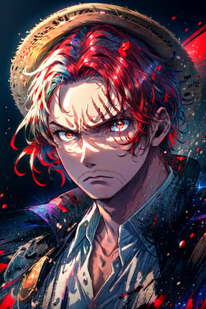 (masterpiece), best quality, 4k. details, expressive eyes, perfect face, looking at viewer, upset, fury, frown, red hair, white shirt, scar on right eye, old straw hat on head, red aura, dark sky, red lights in the background ,red pupils, long eyelashes,man,manly,Shnks