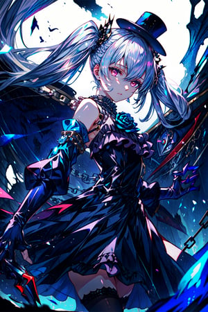 masterpiece,best quality,highres,cinematic lighting,dramatic angle,,1girl,1boy,1other,Lloyd,marinoette,silver hair,red eyes,black dress;(top hat:1.2),blue rose;mask,detached sleeves;claws,black thighhighs;jacket,frills,elbow gloves,puppet strings,depth of field,doll,twintails,1girl with silver hair and twintails along with her marionette called Lloyd,cowboy shot,chain,monster,looking at viewer