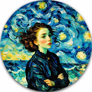 ,Circle, 1 girl, portrait, sea, van gogh style, starry night