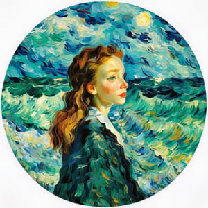 ,Circle, 1 girl, portrait, sea, van gogh style