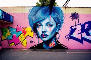 1 girl, portrait, blue hair, best quality, Graffitit, Street Art