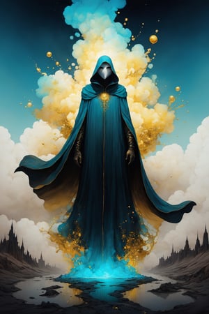 oniric portrait of a tall cloaked figure with a white mask, Azem the Traveler, yearning to explore the ends of the world to discover its wonders and help its denizens, by Andy Kehoe, a gradient masterpiece, blue cyan yellow, Rococopunk, luminism, seamless, China ink, Ink Bubbles, Gold leaf lines, alcohol ink elements, curved lines, cinematic, realism, chiaroscuro, Shadow play, Gold leaf small lines, bright splashes of alcohol ink puddles, volumetric light, auras, rays of sunlight, bright colors reflect, isometric, digital art, smog, pollution, toxic waste, chimneys and railroads, 3 d render, octane render, volumetrics, by greg rutkowski