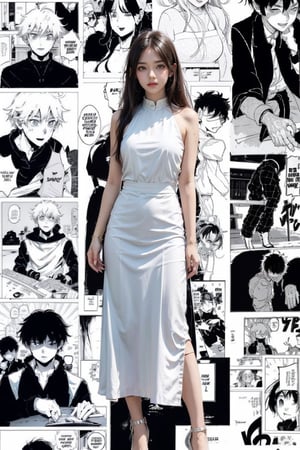 1 girl, white long dress, best quality, (portrait:0.9), (Manga Background,Manga Background