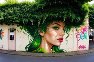 1 girl, portrait, green hair, tree, best quality, Graffitit, Street Art