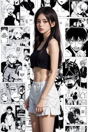 1 girl, crop top, best quality, (portrait:0.7), (Manga Background,Manga Background