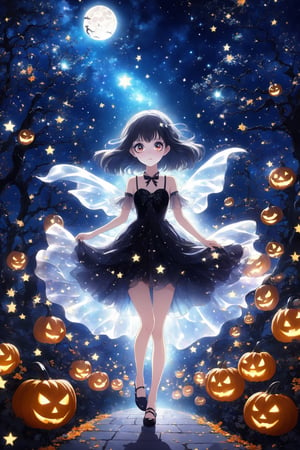  ddstyle  (halloween theme), (scary), Prepare to be enchanted by the ethereal beauty of a girl with sparkling big eyes, whose cute face exudes an irresistible charm. In the style of anime, this image showcases her in a glamorous setting, surrounded by a scary celestial backdrop of sparkling stars. The scene exudes a sense of cinematic magic, transporting you to a realm where beauty and wonder intertwine. Let the sparkling stars and the ghost girl's captivating presence captivate your imagination, as this anime-inspired image immerses you in a world of glamour and enchantment of horror.