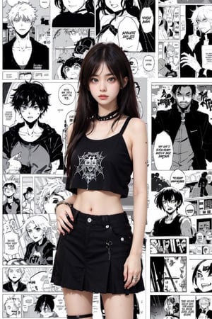 1 girl, crop top, best quality, (portrait:0.7), (Manga Background,Manga Background