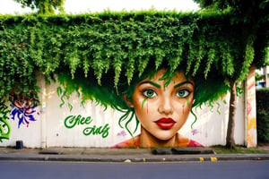 1 girl, portrait, green hair, tree, best quality, Graffitit, Street Art
