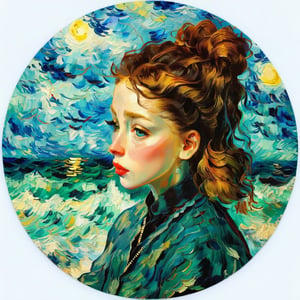 ,Circle, 1 girl, portrait, sea, van gogh style
