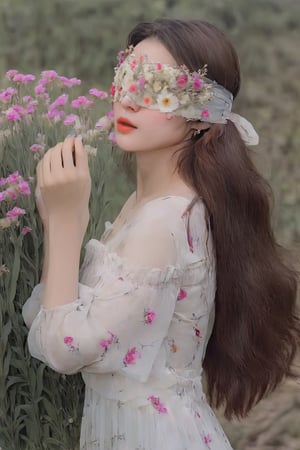 1 girl charming, nature landscape, flower gardern background, portrait, 
Flower Blindfold, (look at viewer), high detailed, masterpiece, Pencil drawing style, standing, long dress, Wide Short,