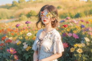 1 girl, charming, 
Flower Blindfold, long dress, Wide Short, nature landscape, masterpiece, best quality, simple background, (Circle Sora), full color, watercolor