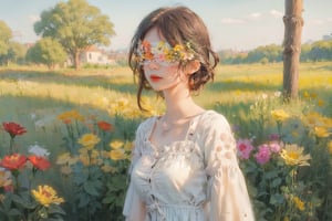 1 girl, charming, 
Flower Blindfold, long dress, Wide Short, nature landscape, masterpiece, best quality, simple background, (Circle Sora), full color, watercolor