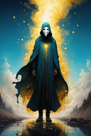 oniric portrait of a tall cloaked figure with a white mask, Azem the Traveler, yearning to explore the ends of the world to discover its wonders and help its denizens, by Andy Kehoe, a gradient masterpiece, blue cyan yellow, Rococopunk, luminism, seamless, China ink, Ink Bubbles, Gold leaf lines, alcohol ink elements, curved lines, cinematic, realism, chiaroscuro, Shadow play, Gold leaf small lines, bright splashes of alcohol ink puddles, volumetric light, auras, rays of sunlight, bright colors reflect, isometric, digital art, smog, pollution, toxic waste, chimneys and railroads, 3 d render, octane render, volumetrics, by greg rutkowski