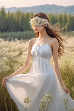 A photo-realistic rendering charming girl, flower blindfold), nature landscape, white dress, nature light, 32K, long dress, Wide Short, masterpiece, best quality, RAW photo