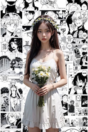 1 girl, white long dress, best quality, portrait, charming, hold flowers, Manga Background, Manga Background, wreath