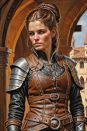 full length a tired  medievalpunk female   tired and satisfied beautiful smuggler in  darned leather clothes has old scars on his face and hands-, detailed face, whole body, trending on artstation, sharp focus, studio photo, intricate details, highly detailed, by greg rutkowski, more detail XL, hyper detailed, realistic, oil painting, by julie bell, frank frazetta, cinematic lighting