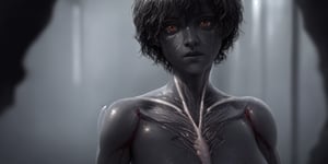 Humanoid creature, transparent skin, white shades, high resolution, photorealistic textures, shaders, DLSS, depth of field of view, shine, humidity, photorealism, veins under the skin, hyper detail, background textures in the form of skin in 4k, body, black short hair,