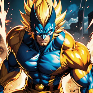 (8k HDR), (masterpiece, best quality), 

"Create an image depicting Wolverine from the X-Men transformed into a Super Saiyan from Dragon Ball Z. Wolverine’s rugged, muscular physique is augmented by the distinct golden aura and fiery energy characteristic of a Super Saiyan. His hair, typically dark and wild, is now spiked dramatically upward and glows with a brilliant golden hue, while his eyes blaze with the intense blue of Super Saiyan power. His costume merges his classic yellow and blue suit with the torn, battle-worn style of Saiyan armor, including a torn blue jumpsuit and a golden chest plate designed to accommodate his bulging muscles and expanding frame during transformation. Wolverine's adamantium claws are extended, shimmering with a mystical, ki-infused light, as if ready to cut through any enemy with enhanced, energy-charged strikes. The backdrop shows a devastated battlefield, reminiscent of the Planet Namek, with craters and explosions, highlighting the destructive power of his new abilities."

dark atmosphere, vibrant colors, (various camera shots), depth of field, 2D
