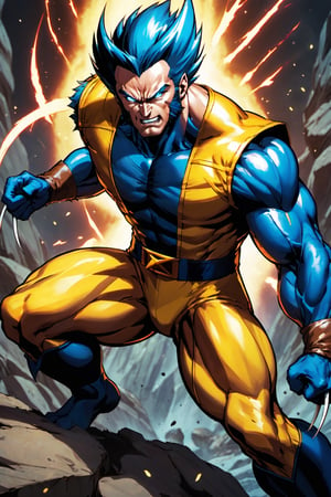 (8k HDR), (masterpiece, best quality), 

"Create an image depicting Wolverine from the X-Men transformed into a Super Saiyan from Dragon Ball Z. Wolverine’s rugged, muscular physique is augmented by the distinct golden aura and fiery energy characteristic of a Super Saiyan. His hair, typically dark and wild, is now spiked dramatically upward and glows with a brilliant golden hue, while his eyes blaze with the intense blue of Super Saiyan power. His costume merges his classic yellow and blue suit with the torn, battle-worn style of Saiyan armor, including a torn blue jumpsuit and a golden chest plate designed to accommodate his bulging muscles and expanding frame during transformation. Wolverine's adamantium claws are extended, shimmering with a mystical, ki-infused light, as if ready to cut through any enemy with enhanced, energy-charged strikes. The backdrop shows a devastated battlefield, reminiscent of the Planet Namek, with craters and explosions, highlighting the destructive power of his new abilities."

dark atmosphere, vibrant colors, (various camera shots), depth of field, 2D