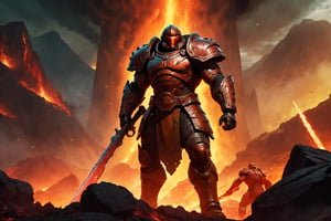 (masterpiece, best quality), (8K, UHD), 
Hercules Doom Slayer:
"Generate an image of Hercules Doom Slayer standing amidst a hellish battlefield, his glowing battle-axe raised high as he prepares to strike down a towering demon. The landscape is filled with molten lava and crumbling ancient ruins." (cinematic shots),  illustration,portrait,rgbcolor,emotion