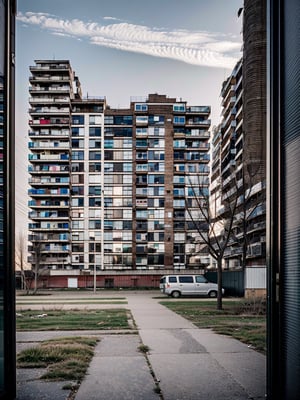 a black and white photo of a very tall building, soviet apartment buildings, tonal topstitching, full width, backyard, seen from the long distance, slum, single color, cinematic widescreen shot, inside an old apartment, modern color, 2 0 1 0 photo, junktown, balcony, 2 0 1 5, building facing