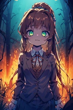 masterpiece, best quality, cowboy shot, 1 girl, monika, green eyes, squinted eyes, very long hair, ponytail, school uniform, blazer, brown sweater, collared shirt, neck ribbon, :3, yandere, horror, dark, psychedelic, cinematic light, cinematic view, High detailed, Color magic,AGGA_ST017