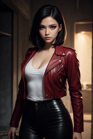 a beautiful 23 years old Danish female vampire mercenary with short black hair, pale skin, wearing red leather jacket and black tight pants, holding dual handguns, view from front, waist up shot, dynamic pose, ambient lighting, photo realism, intricate face detail, intricate hand details, highly detailed, vibrant colors, cinematic, high definition, trending on Artstation--style raw (eye line:0.7) (eyeshadow:0.7), super detailed eyes, dark eye,