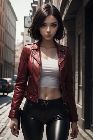 a beautiful 23 years old Danish female vampire mercenary with short black hair, pale skin, wearing red leather jacket and black tight pants, holding dual handguns, view from front, waist up shot, dynamic pose, ambient lighting, photo realism, intricate face detail, intricate hand details, highly detailed, vibrant colors, cinematic, high definition, trending on Artstation--style raw (eye line:0.7) (eyeshadow:0.7), super detailed eyes, dark eye,