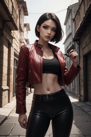 a beautiful 23 years old Ukrainian female vampire mercenary with short black hair, pale skin, wearing red leather jacket and black tight pants, holding dual handguns, view from front, waist up shot, dynamic pose, ambient lighting, photo realism, intricate face detail, intricate hand details, highly detailed, vibrant colors, cinematic, high definition, trending on Artstation--style raw (eye line:0.7) (eyeshadow:0.7), super detailed eyes, dark eye, red lipstik