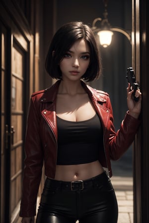 a beautiful 23 years old Ukrainian female vampire mercenary with short black hair, pale skin, wearing red leather jacket and black tight pants, holding dual handguns, view from front, waist up shot, dynamic pose, ambient lighting, photo realism, intricate face detail, intricate hand details, highly detailed, vibrant colors, cinematic, high definition, trending on Artstation--style raw (eye line:0.7) (eyeshadow:0.7), super detailed eyes, dark eye,