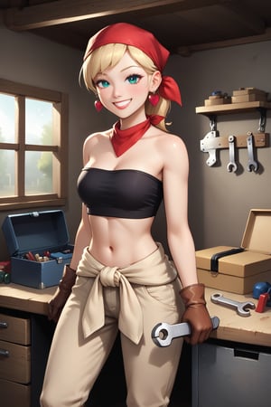  winry rockbell, blonde hair, earrings, black tube top, strapless, midriff, clothes around waist, beige pants, brown gloves, red bandana, solo, smile, holding wrench, toolbox, workshop, grease,, score 9, score 8 up, score 7 up, score 6 up, score 5 up, score 4 up,