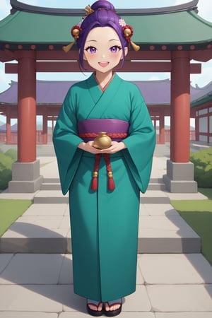 japanese buildings,age 6 year old,full body,smile,happy,green kimono, purple eyes, purple hair, hair ornament, hair bun  