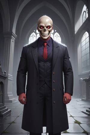 gloving red eyes,rain,standing outside,graveyard,masterpiece, best quality, skeleton style, solo, indoors, castle, light, professional light, colorful, ultra detailed, demonic evil smile, skull, anime style, long coat, black coat, open shirt, , , (6 Years Old, AS-Youngest)
