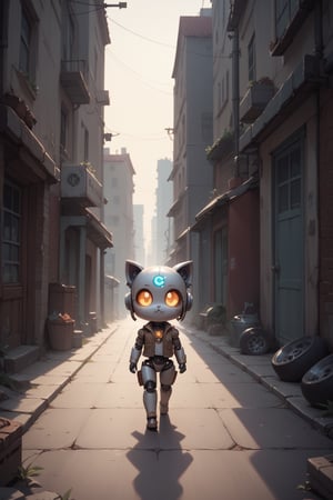 score_9, score_8_up, score_7_up, score_6_up, rating_safe, chibi, small robot cat, silver skin, gears in ijoints, urban alley, post apocalyptic