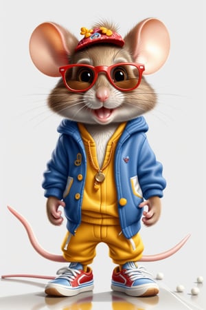 a mouse , full-length , smiling , standing on its hind legs , in beautiful stylish clothes , sneakers on its hind legs , in the center of the frame , high definition , high resolution , on a white background , cartoon style, trending on artstation, sharp focus, studio photo, intricate details, highly detailed, by greg rutkowski