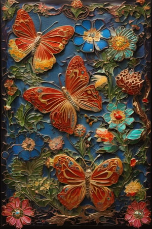 (Cloisonnism) A cloisonnist wall-hanging with butterflies and flowers, vivid palette,  intricately textured and extremely subtle detailed,  detailmaster2,  side-light,  high resolution and contrast,  high colour contrast,  deep focus, depth of field,  ultra quality 